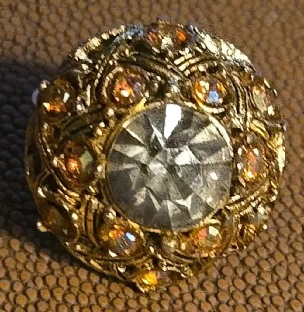 Vintage Smoky Gray Glass Rhinestone AB Cocktail Ring Gold Tone Florenza Style